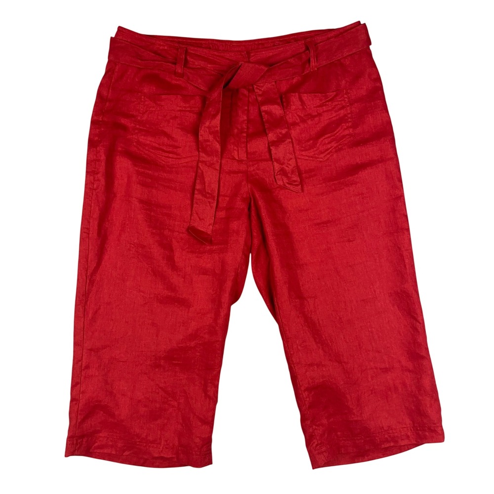 Coldwater‎ Creek Red Linen Cropped Capri Pants Belted Wide Leg Womens Size 14